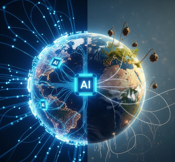 A split image showing a vibrant, glowing digital AI network on one side and a stressed Earth with wilting plants and melting ice caps on the other, connected by thin energy lines.