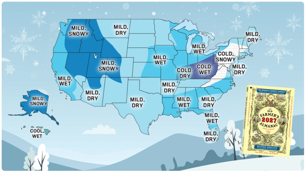 Old Farmer’s Almanac Winter 2026–2027 Snowfall Predictions